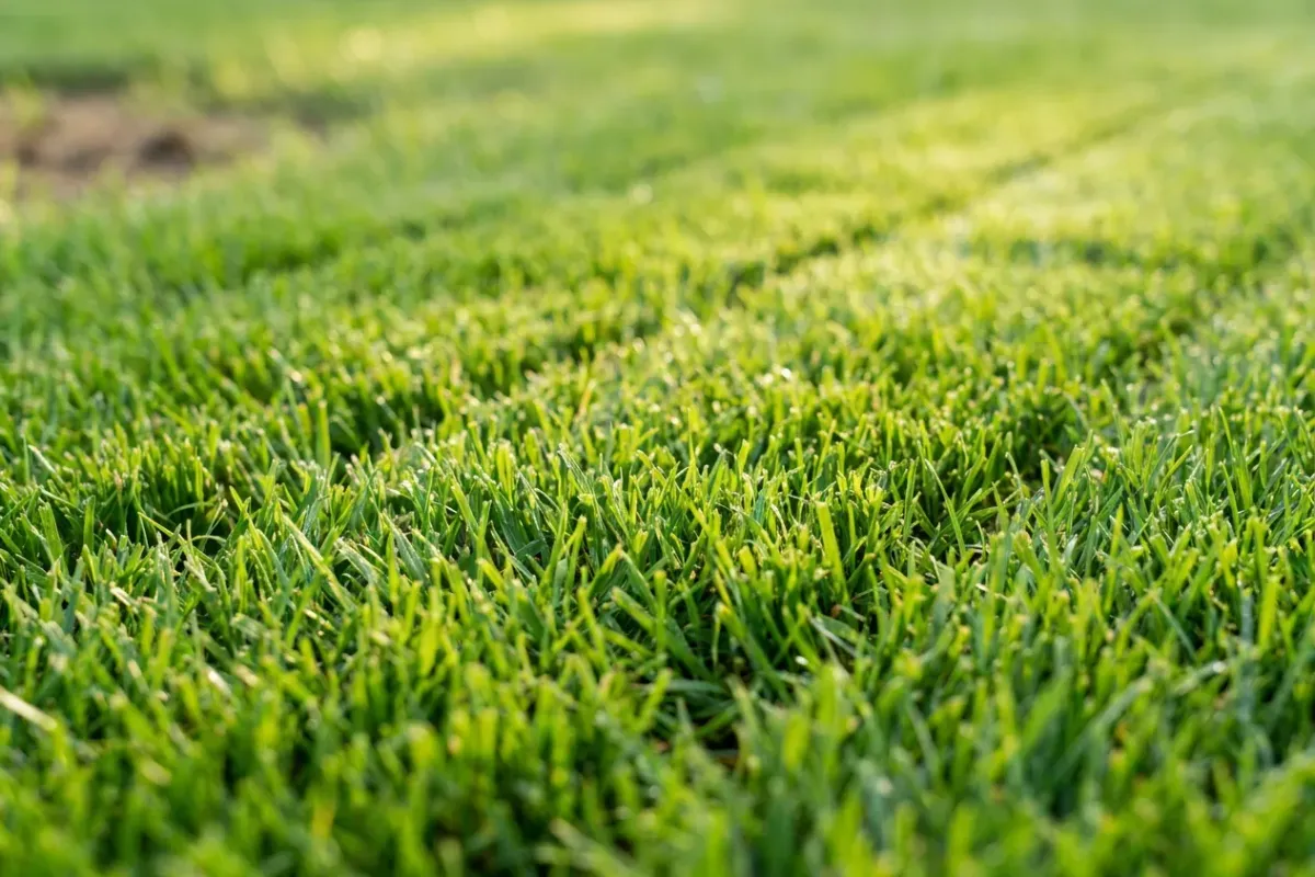 Freshly cut suburban lawn texture in soft afternoon light