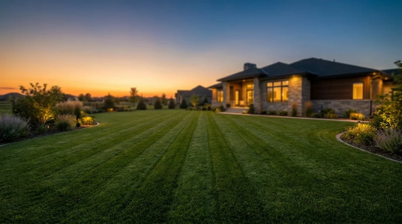 Suburban US backyard lawn at dusk, warm ember-toned light